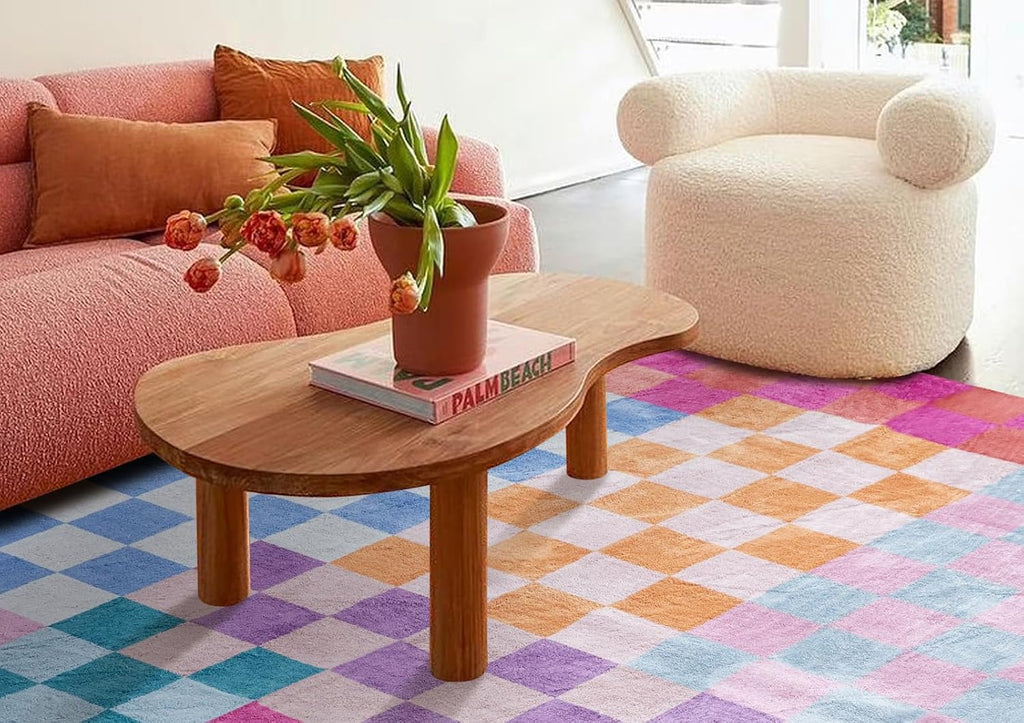 Multicolored Checkerboard Washable Rug Ultra Thin Retro Aesthetic Funky Area Rugs Carpet for Living Dining Room