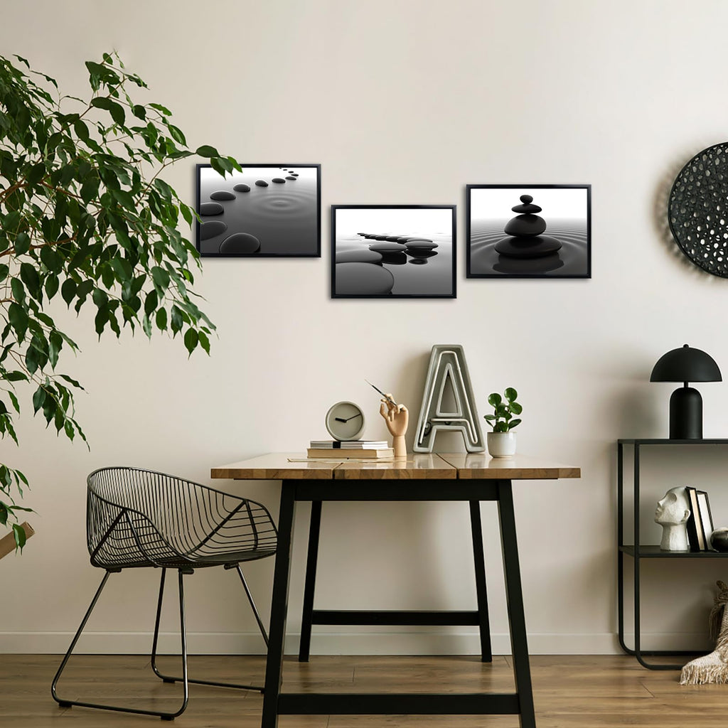 3pcs Black and White Zen Wall Art Stones in Water Canvas Prints with Black Frame Yoga Meditation Spa Living Room