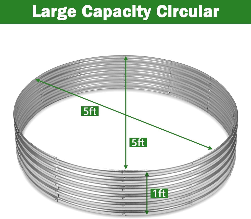 5x5x1ft Round Raised Garden Beds Outdoor Steel Fire Pit Ring Flower Planter | Large Galvanized Metal Above Ground