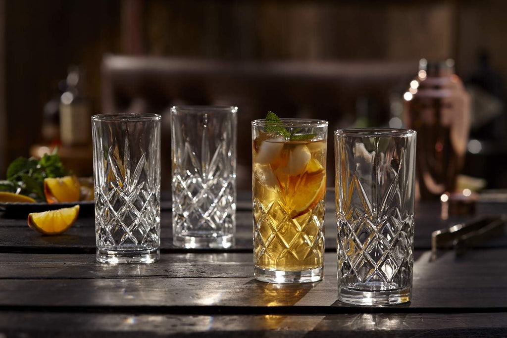Kinsley Tall Highball Glasses Set of 8, 12 Ounce Cups, Textured Designer Glassware for Drinking Water, Beer, or Soda