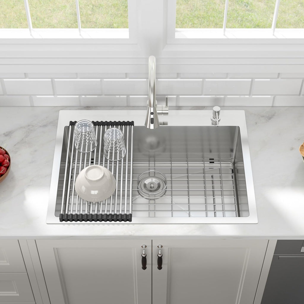 30x22 Inch Drop Sink with Pull-Out Faucet Combo Handmade Large Single Bowl 16 Gauge T304 Stainless Steel Modern Deep