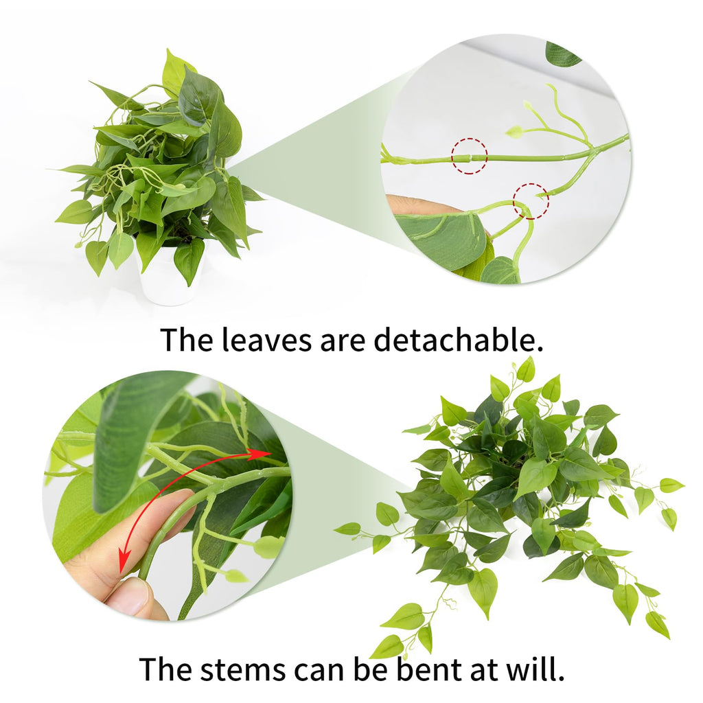 Artificial Plants Fake Pothos in White Pot, Realistic Fake Scindapsus Aureus, Faux Potted Greenery Desk Shelf