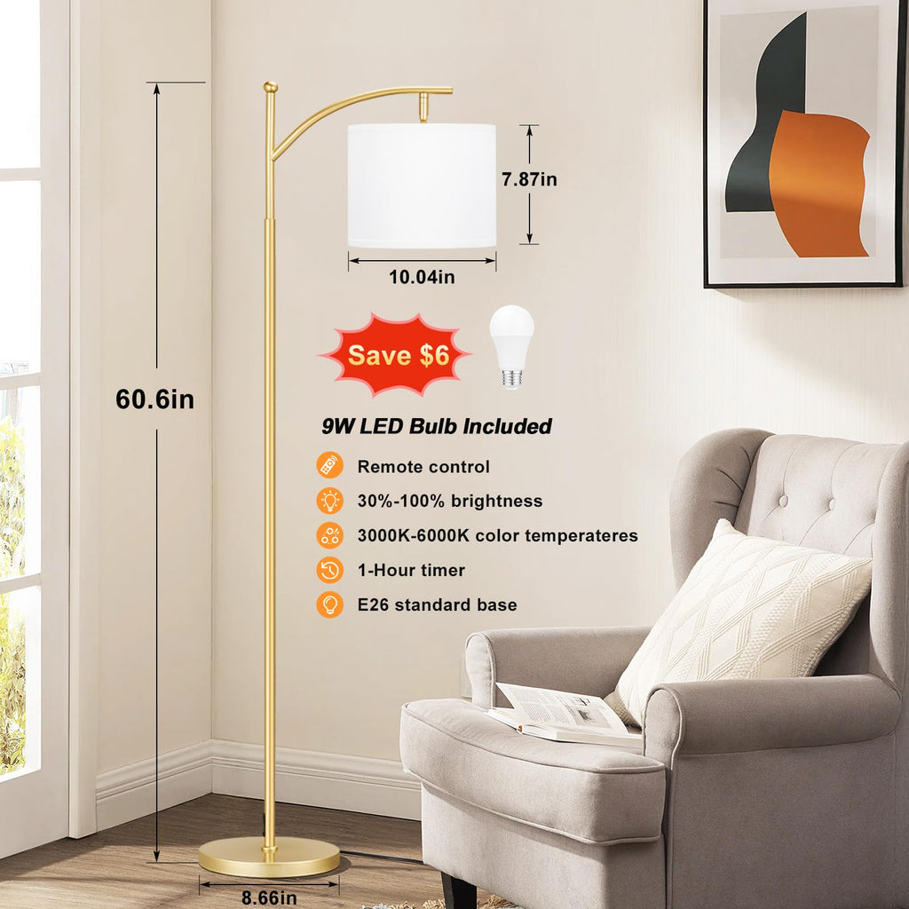 60" Floor Lamp with Remote and Stepless Dimmable Bulb, Gold Pole