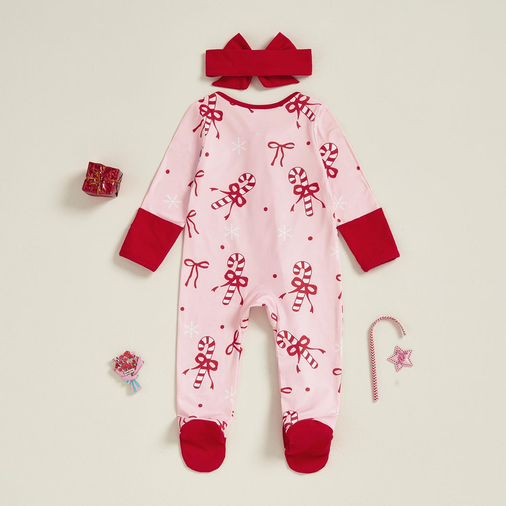 My First Christmas Baby Girl Outfit Newborn Bow Footie Jumpsuit Ruffle Zipper Romper Infant Coming Home Xmas Clothes