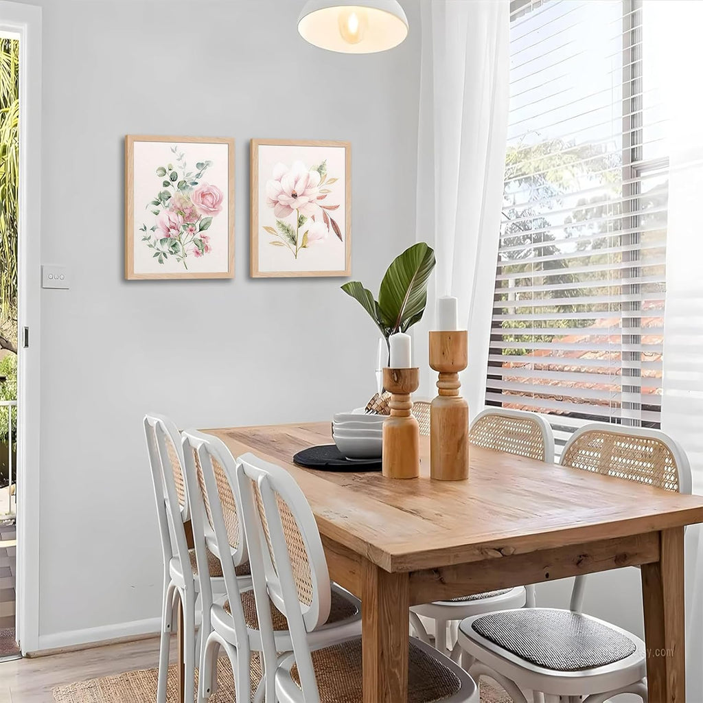 Framed Botanical Wall Art Set of 2, Pink Floral Canvas Prints with Natural Wood Frames, 8x10