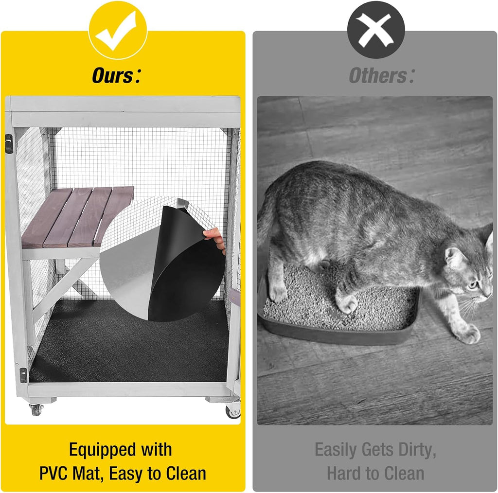 Catio Outdoor Cat Enclosure Wooden Cat Cage with Window Access Large Kitty House on Wheels 62.4'' Indoor Patio