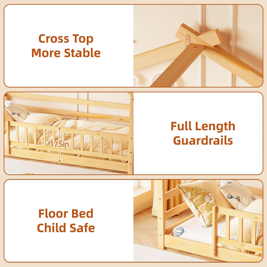Tw Bed, Montessori Floor Bed with Fence and Roof, Solid Wood Low Bed Frame with Headboard & Footboard for Boys &