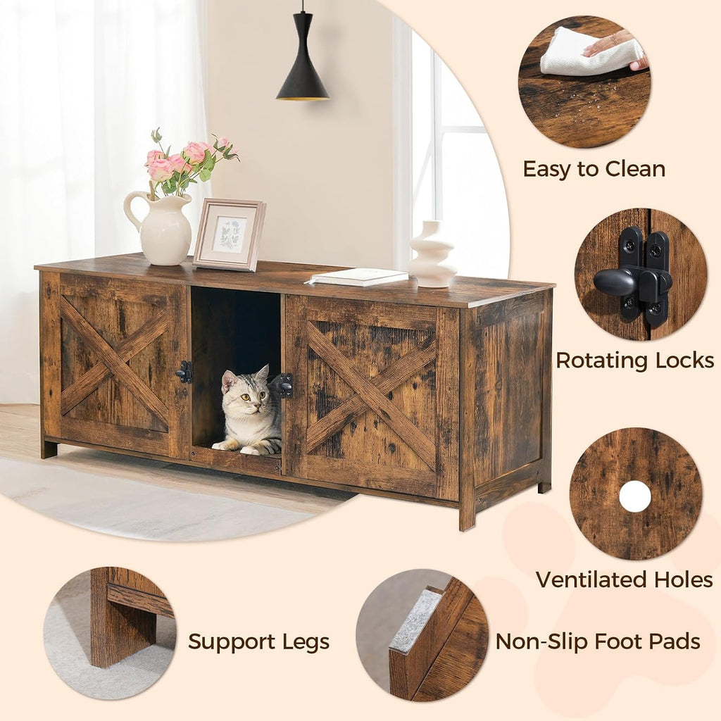Cat Litter Box Enclosure for 2 Cats, 47.2" Hidden Litter Box Furniture with Double Room, Wooden Cat Washroom