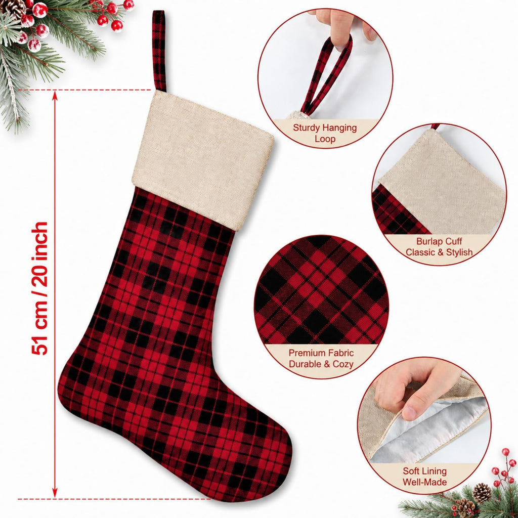 4 Pack Buffalo Plaid Christmas Stocking, 20 Inch Large Burlap Snowflake Christmas Stockings, Fireplace Hanging