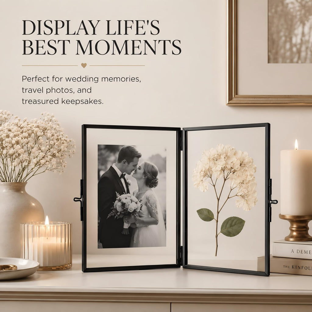 Black Hinged Double Glass Frame 5x7in, Photo Pressed Flower Tabletop Frame
