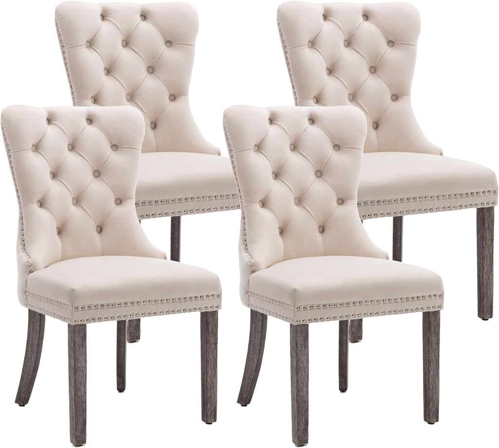 KCC Velvet Dining Chairs Set of 4, Upholstered High-end Tufted Dining Room Chair with Nailhead Back Ring Pull Trim