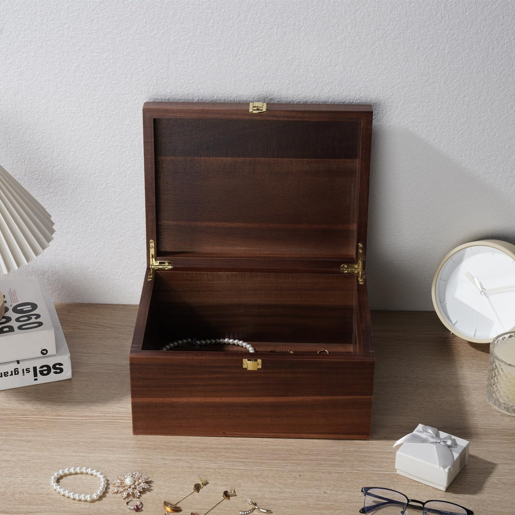 Large Wooden Storage Box - Wood Box with Lid Decor, Ideal for Keepsakes, Trinkets, Jewelry & Other Stash