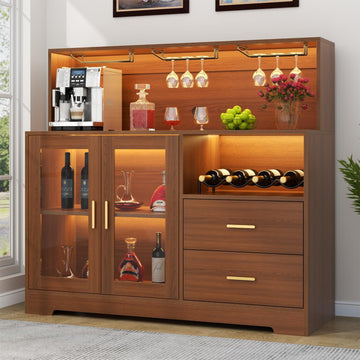 Bar Cabinet with LED Light,Coffee Bar Cabinet w/ Wine & Glass Rack | Kitchen Buffet Sideboard with Storage