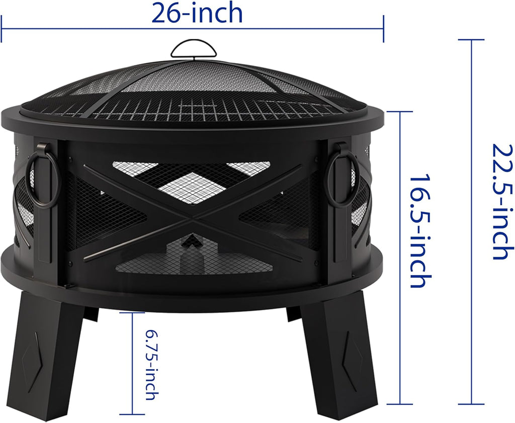 26"Steel Fire Pit with Grill Grate&Spark Screen,360° Airflow Boost Technology,Less Smoke,Larger Flames,Heavy-Duty
