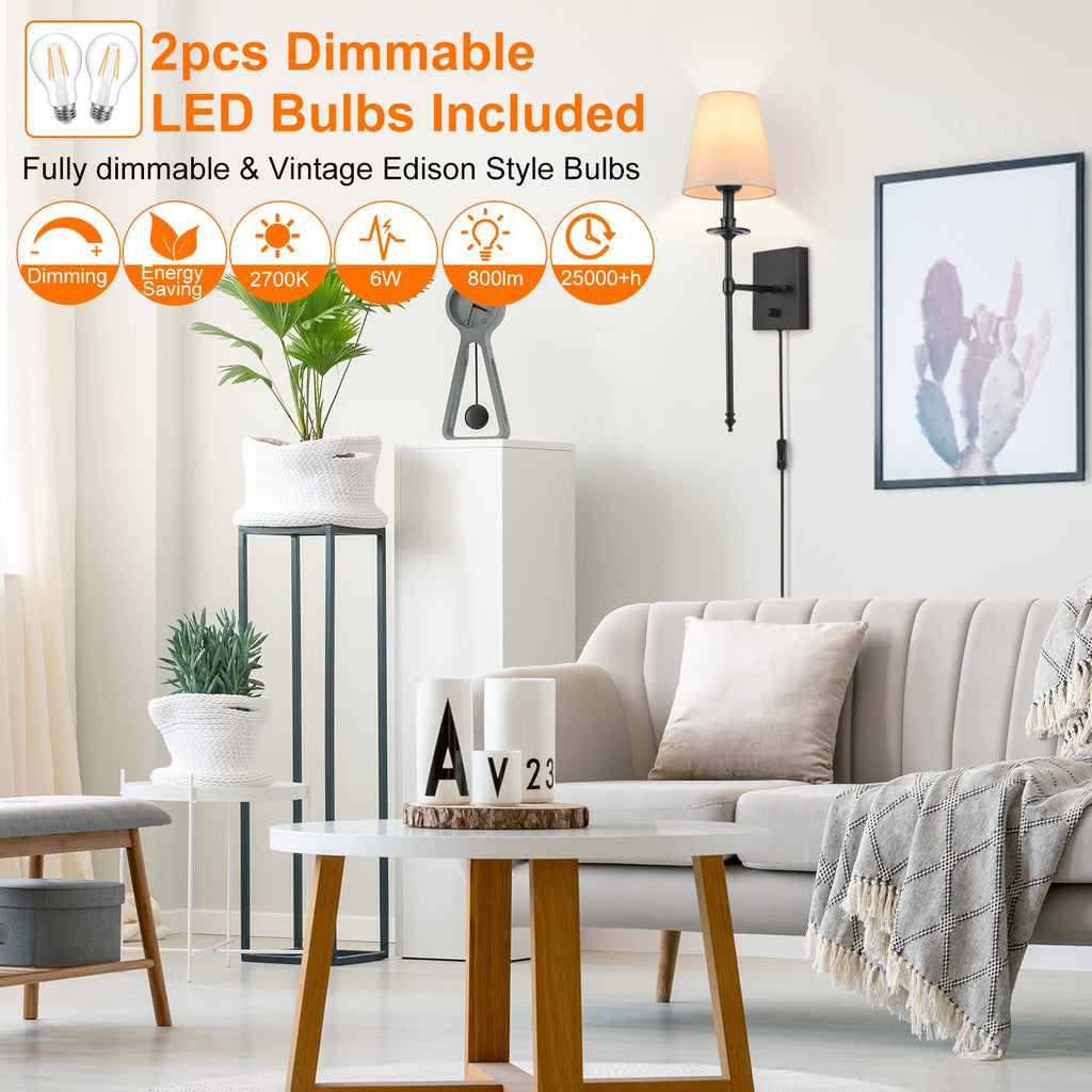 Dimmable Wall Sconces Set of Two, Plug in Wall Sconces White Fabric Shade, Wall Lamp, Plug in Wall Light Sconces