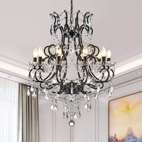 10 Lights Crystal Chandelier, Modern Candle Pendant Light, K9 Raindrop Hanging Lighting Fixture, Adjustable Chain for Living Room, Bedroom, Dining Room, Kitchen Island, Black A109-B07Z9ZCDDZ