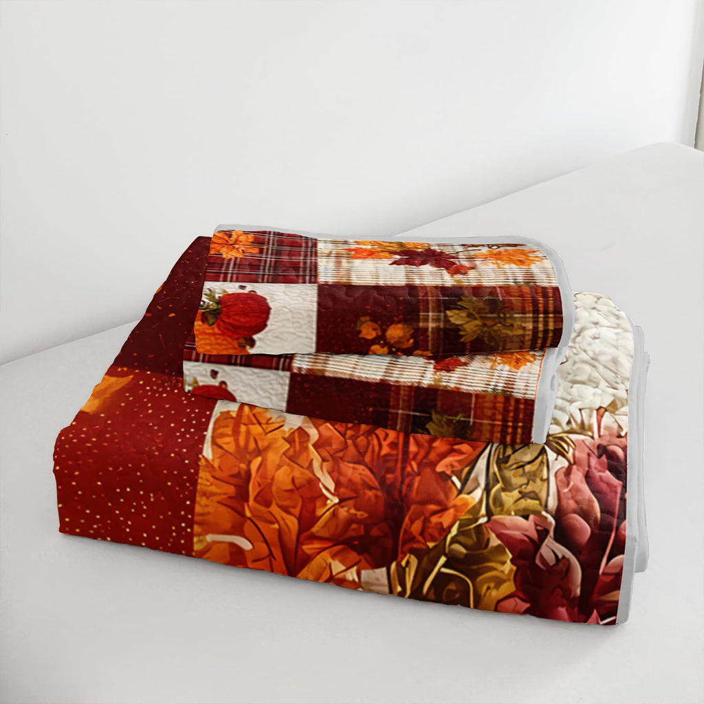 Pumpkin Maple Leaves Plaid Patchwork Quilt with 2 Pillowcases.