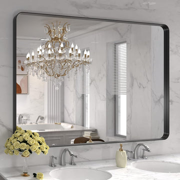 48X32 Inch Black Metal Framed Bathroom Mirror for Wall, Matte Black Bathroom Vanity Mirror Farmhouse, Large Rounded