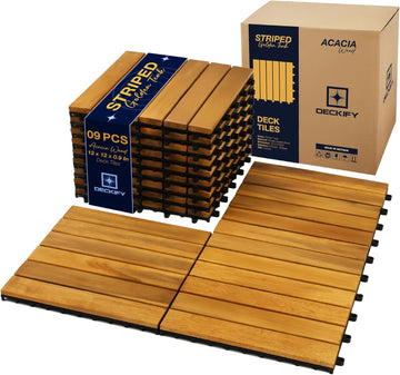 9 Pcs Acacia Wood Interlocking Patio Deck Tiles, 12 x 12 x 0.9 Inch Outdoor Flooring, Waterproof for All-Weather Use