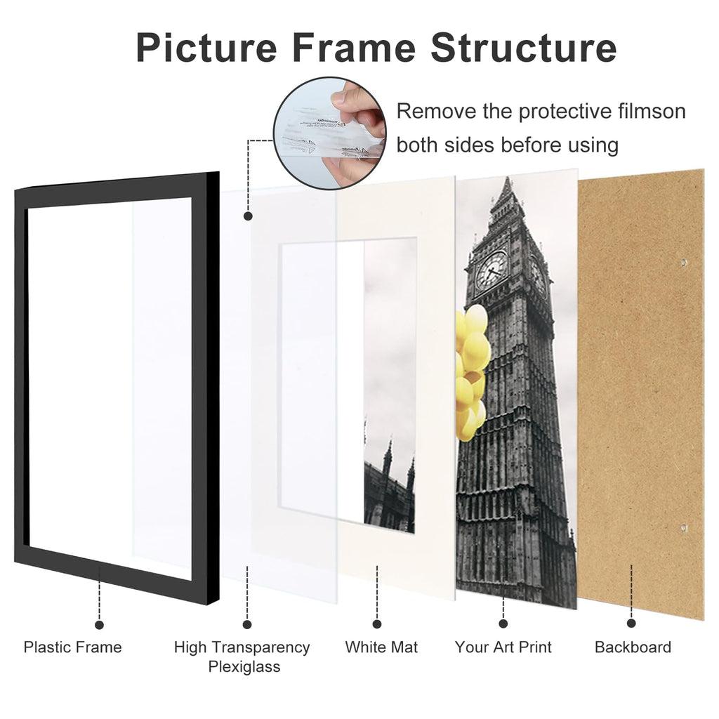 12x16 Picture Frames Set of 6 with Plexiglass, Display Pictures 8.5x11 with Mat or 12x16 Without Mat for Wall