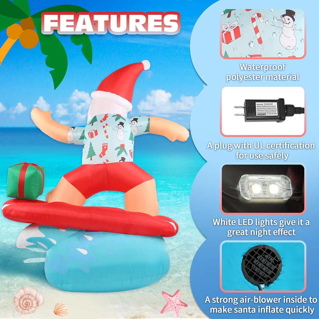 Christmas Santa Inflatable Decorations Outdoor 6.5FT Beach Surfing Hawaiian Tropical Blowups with Build-in LEDs Blow