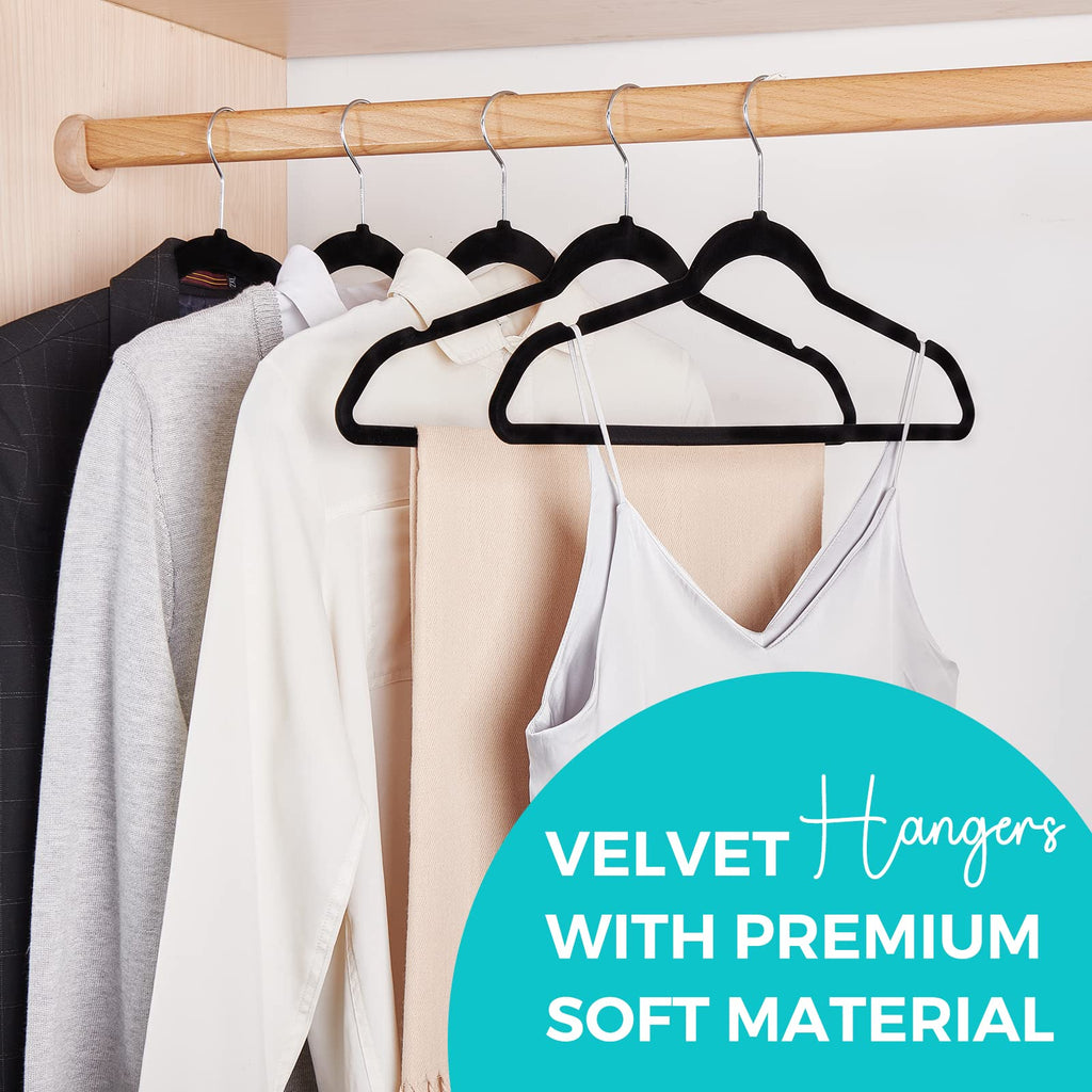 Premium Velvet Hangers, Non-Slip Flocked Felt, Sturdy Coat & Suit Hangers for Closet Space Saving (100 Pack, Black)