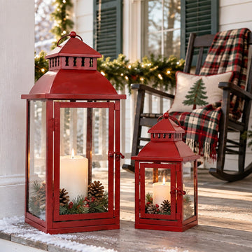 Christmas Decorations Outdoor & Indoor, Set of 2 Outdoor Lanterns for Porch, Large Candle Lantern, Red Metal Frame