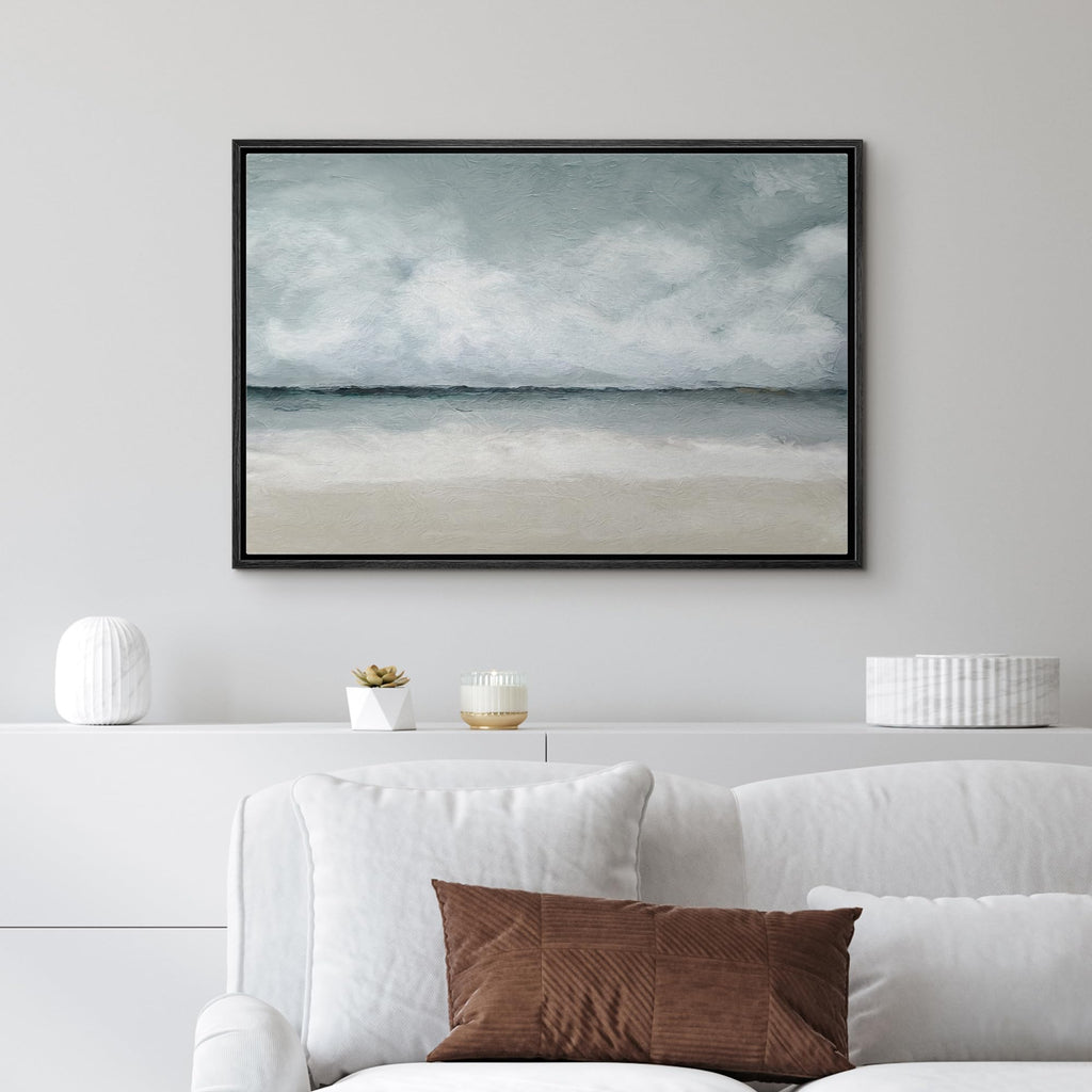 Framed Canvas Print Wall Art Stormy Watercolor Ocean Sea Beach Horizon Nature Wilderness Illustrations Modern Art