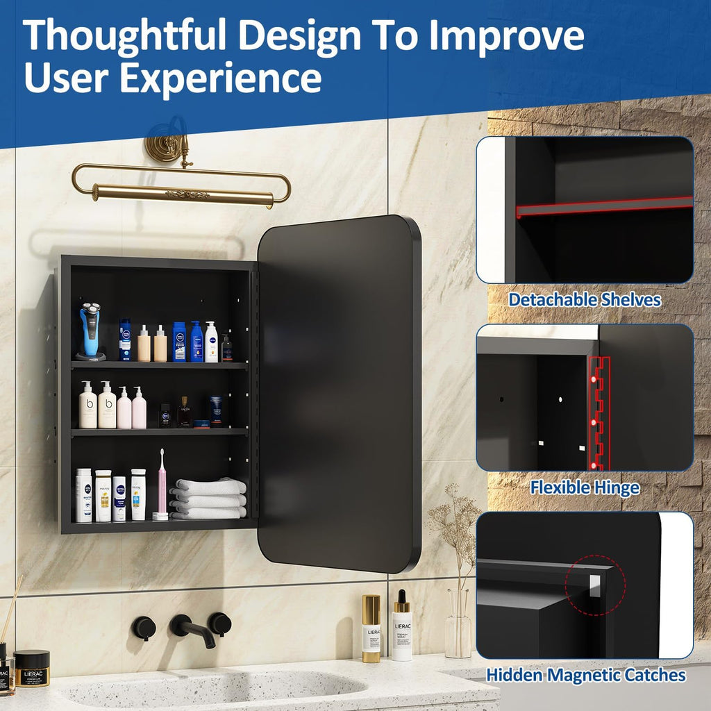 16x24 Inch Black Mirror Medicine Cabinet Metal Framed Recessed Wall Mounted Bathroom Medicine Cabinet with Mirror and