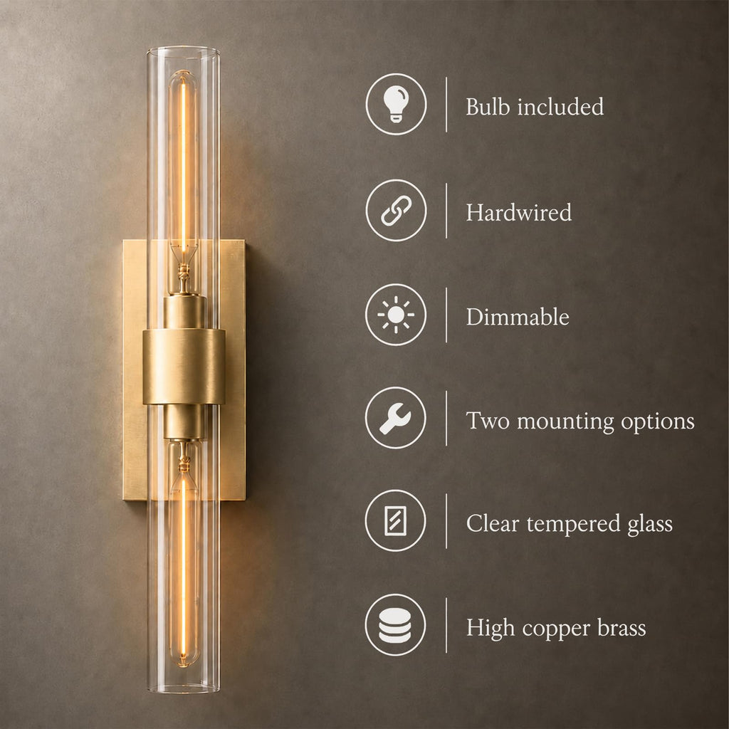Gold Wall Sconces Set of Two - Hardwired Brass Light Fixture, Bulb Included