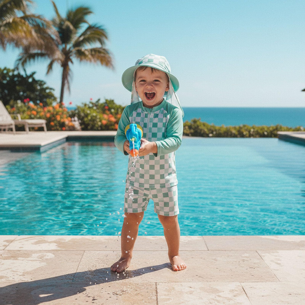 Baby Boys Swimsuit Long Sleeve Rash Guard Swimwear Baby Boy Swim Trunk with Hat Set Piece Toddler Bathing Suit
