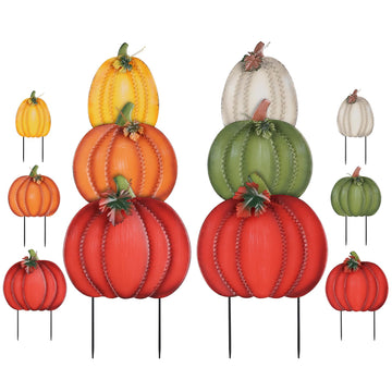 Fall Decorations Outdoor, 34" 2PCS Decorative Garden Stakes with 6 Pumpkins for Fall Decor, Metal Yard Signs Outside