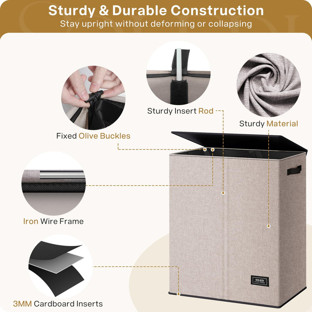 Large Double Laundry Hamper with Lid, Collapsible Clothes Hamper 2 section with Removable Bags, Space-Saving Laundry