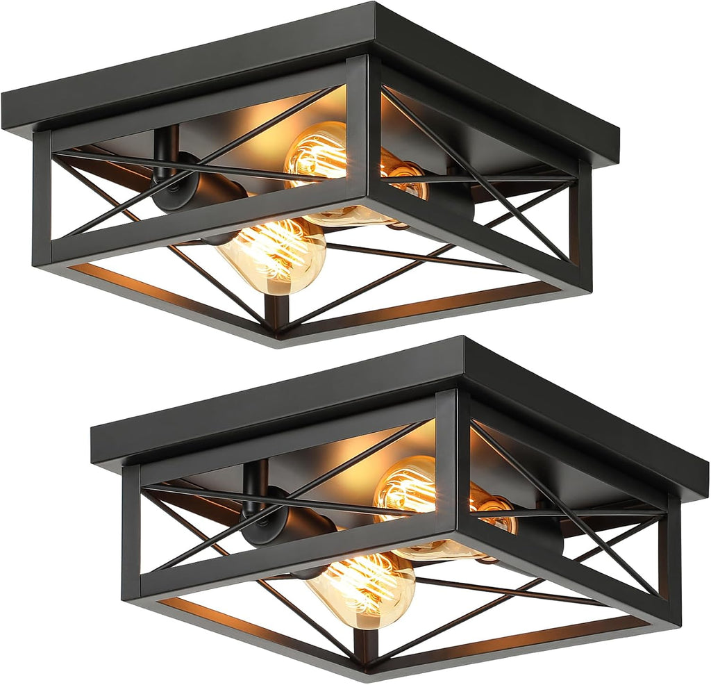2-Light Industrial Square Flush Mount Ceiling Light, Farmhouse Ceiling Light Fixture for Kitchen