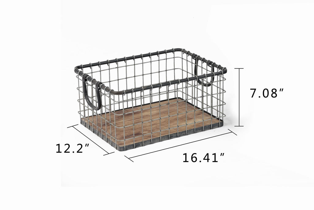16" Wide Rectangular Sturdy Hand Welded Farmhouse Metal Wire Basket with Rustic Wooden Bottom For Shelves, Closet