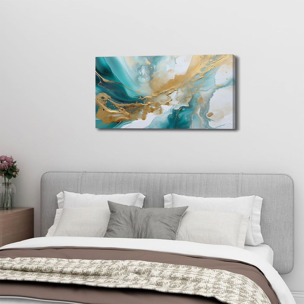 Abstract Teal Canvas Wall Art Marble Canvas Picture Turquoise Wall Decor Watercolor Teal and Gold Fluid Textured