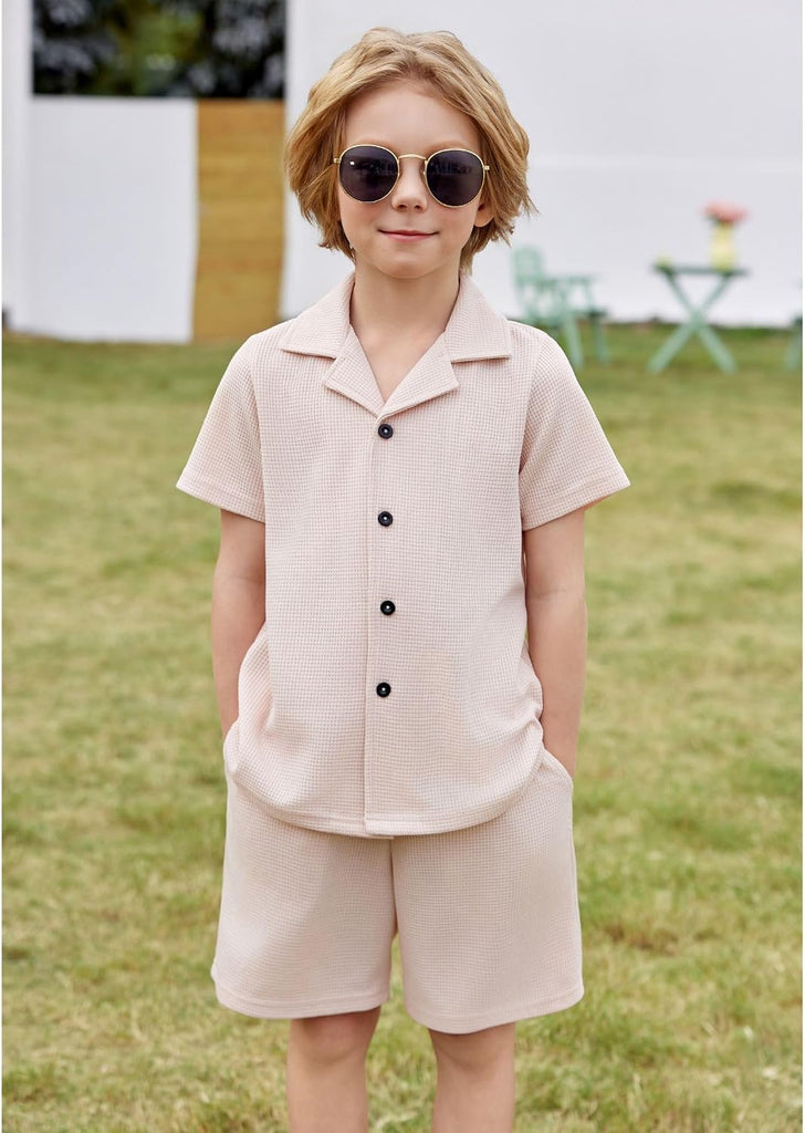 Toddler Boys 2 Piece Summer Outfits Waffle Knit Short Sleeve Button Down Shirt & Casual Shorts Sets