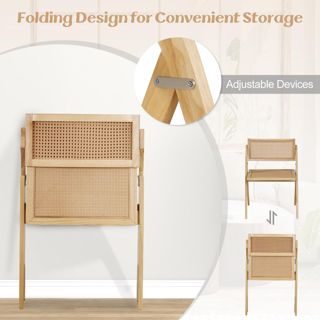 Folding Dining Chairs Set of 2, Wooden Folding Chair with Rattan Backrest & Seat, Sturdy Rubber Wood Frame, Armless