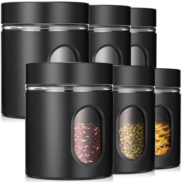 6 Pack Airtight Stainless Steel Kitchen Canisters, Black, 20 oz