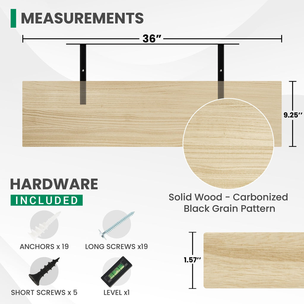 Solid Wood Floating Shelves For Wall, 36"W x 9"D x 1.56"H Large Wall Shelves Bedroom Bathroom Kitchen Drcor Storage