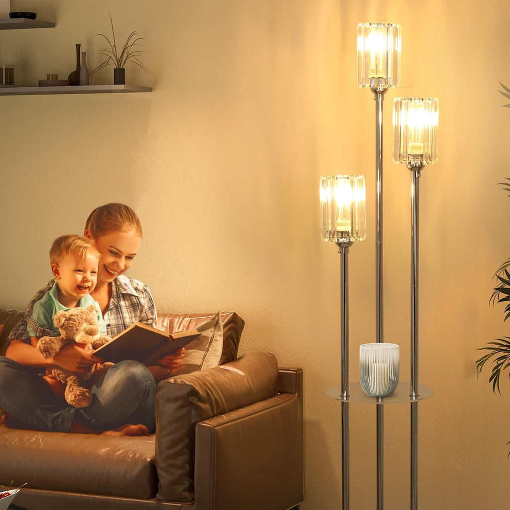 Crystal Floor Lamps, Modern Floor Lamp with Shelves, 3-Lights Standing Lamp with Crystal Shade, On/Off Foot Switch