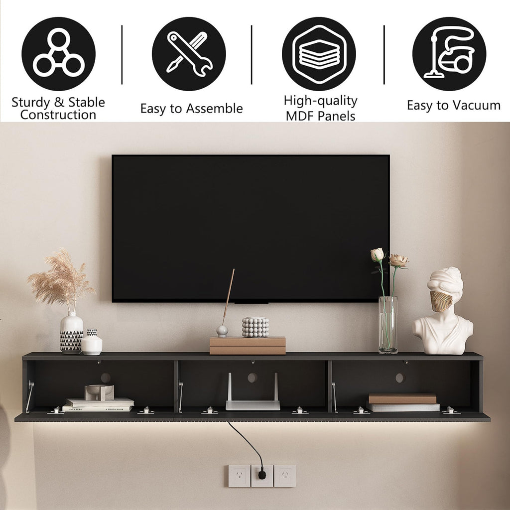 Mesa Flotante para TV 69 inch, Black Floating TV Stand Wall Mounted, Floating Entertainment Center with Fluted