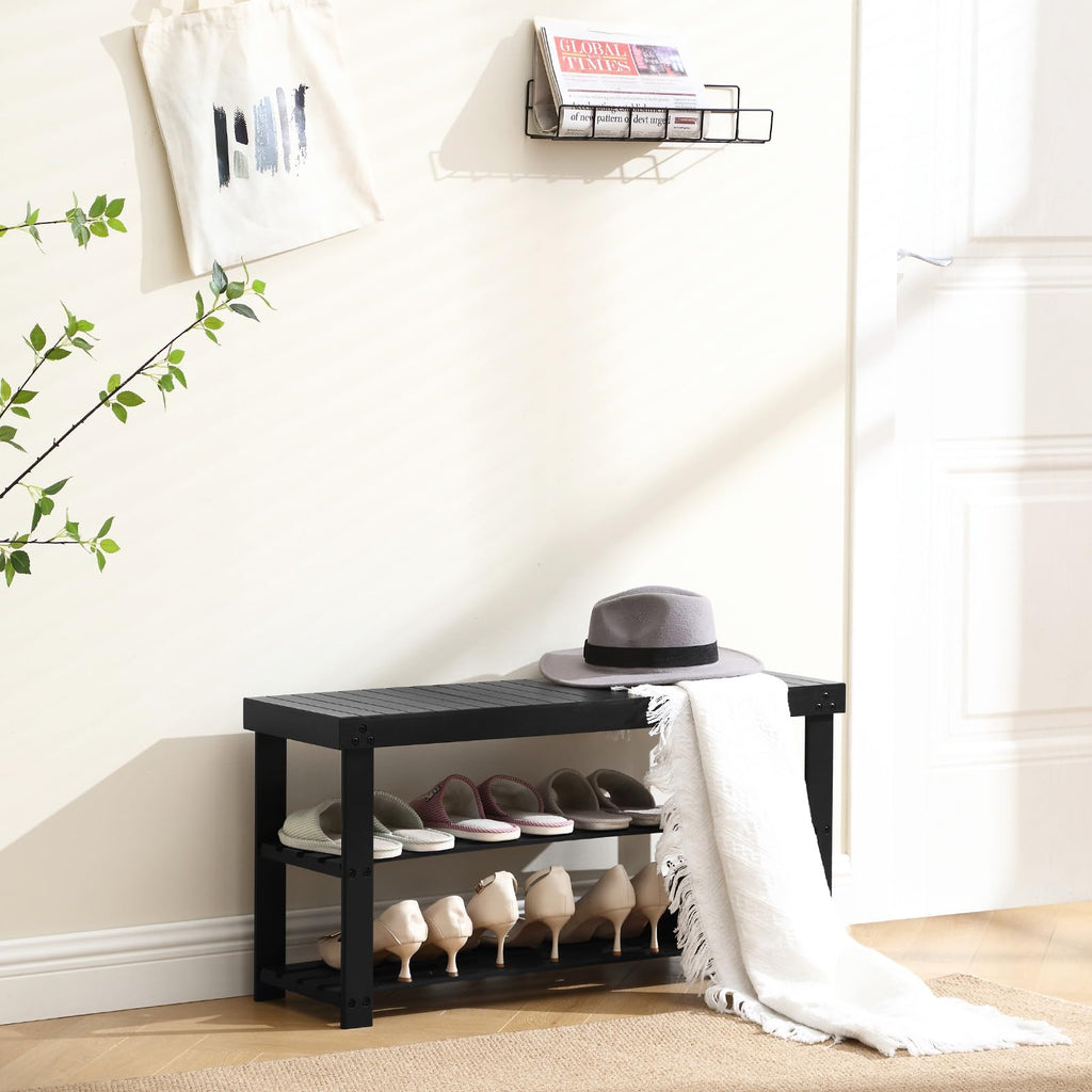 Bamboo Shoe Rack Bench, 3-Tier Shoe Storage Organizer, Black