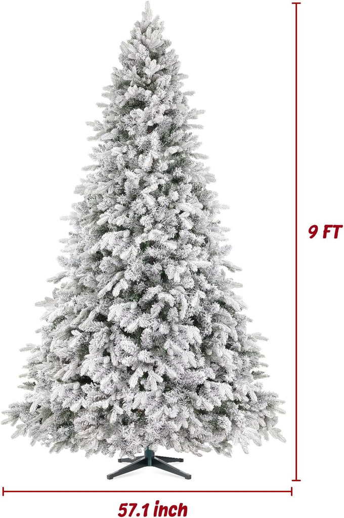 9ft 360° Rotating Pre-Lit Snow Flocked Christmas Tree, Built-in Music, Remote Control, 8 Light-Modes, White Christmas