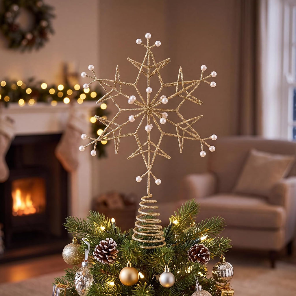 12.6 Inch Snowflake Christmas Tree Topper, Golden Glitter with Pearl