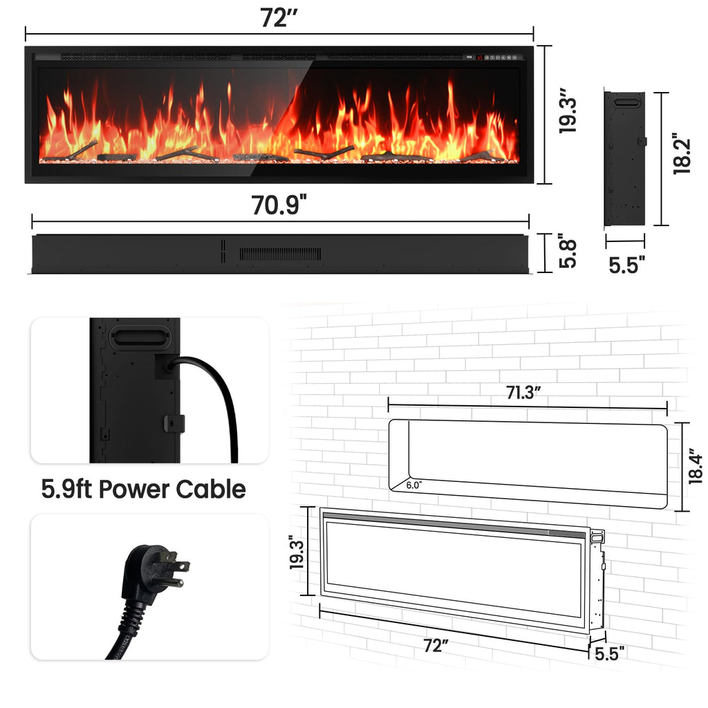 72" Smart Linear Electric Fireplace, WiFi App Voice & Remote Control