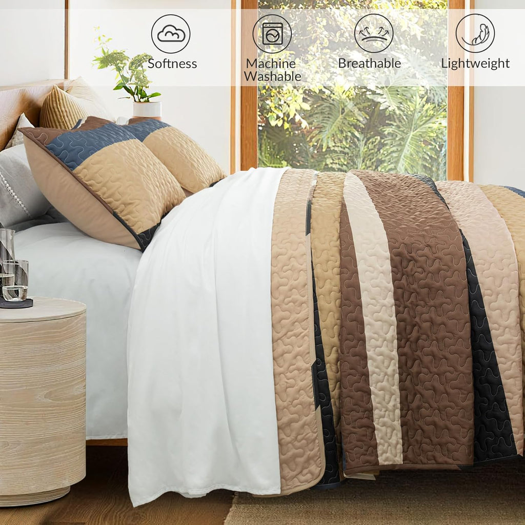 Full Queen Quilt Set - Reversible Camel Quilts Queen with 2 Pillow Shams, Lightweight Boho Striped Bedspreads