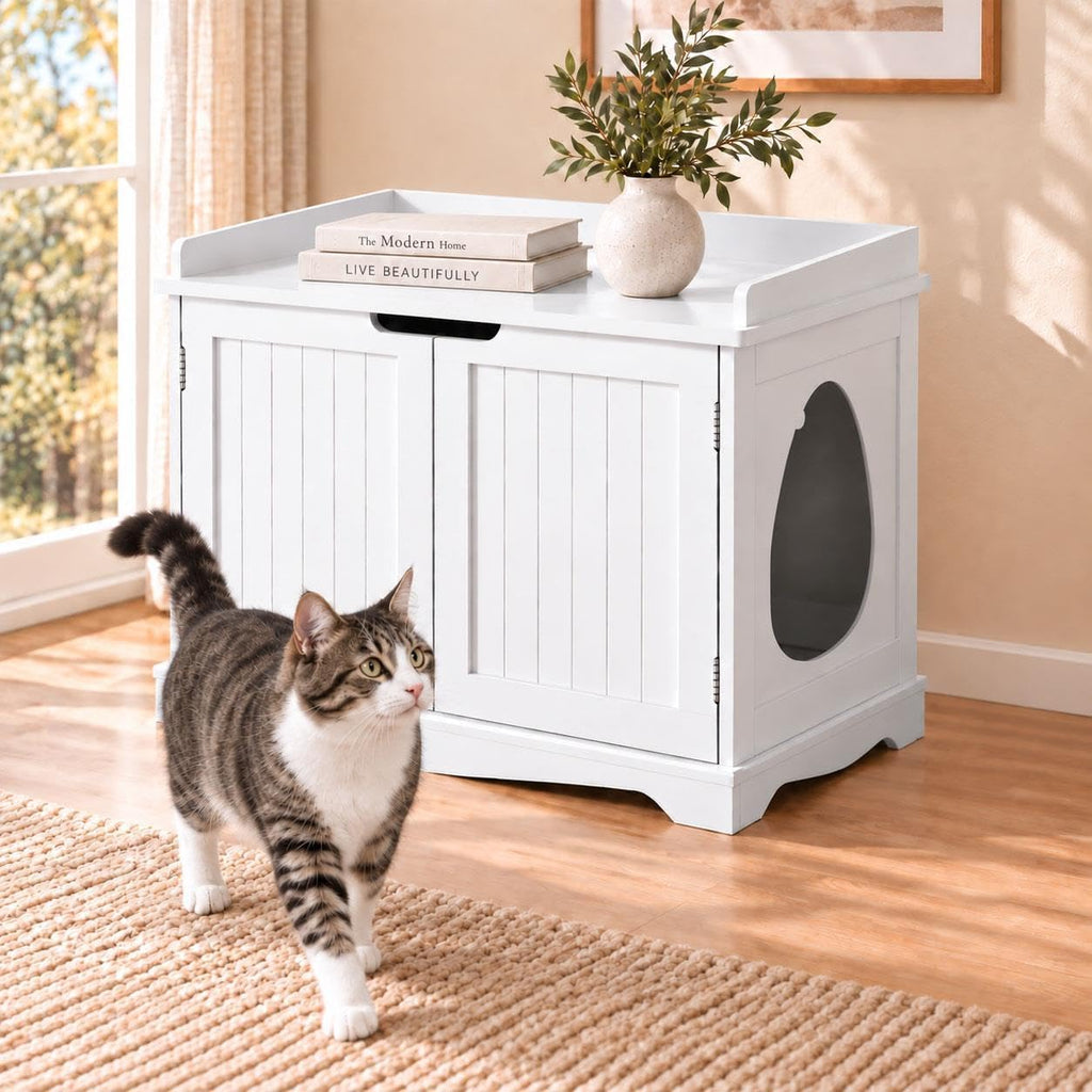 Hidden Cat Litter Box Enclosure Furniture, White Side Table