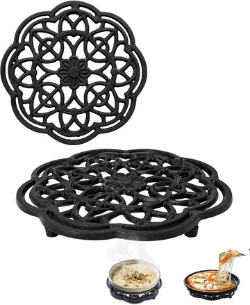 Black Flower Cast Iron Trivet 2-Pack & Dining - 7.5in Decorative Flower Pattern Hot Dish Pads, Heat Resistant Pot - Set of 2