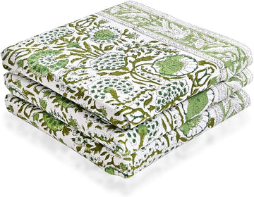 CPC Agate Green Hand Block Print Waffle Kitchen Towel Set of 3-16 x 28 Inch Ultra Absorbent Quick Dry Cotton Dish